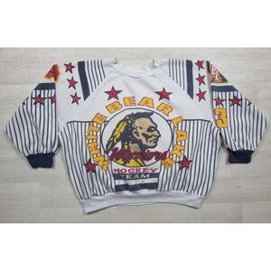 Vintage 90s All Over Print Hockey Sweatshirt (XL) Indian Head Bear Lake Warriors